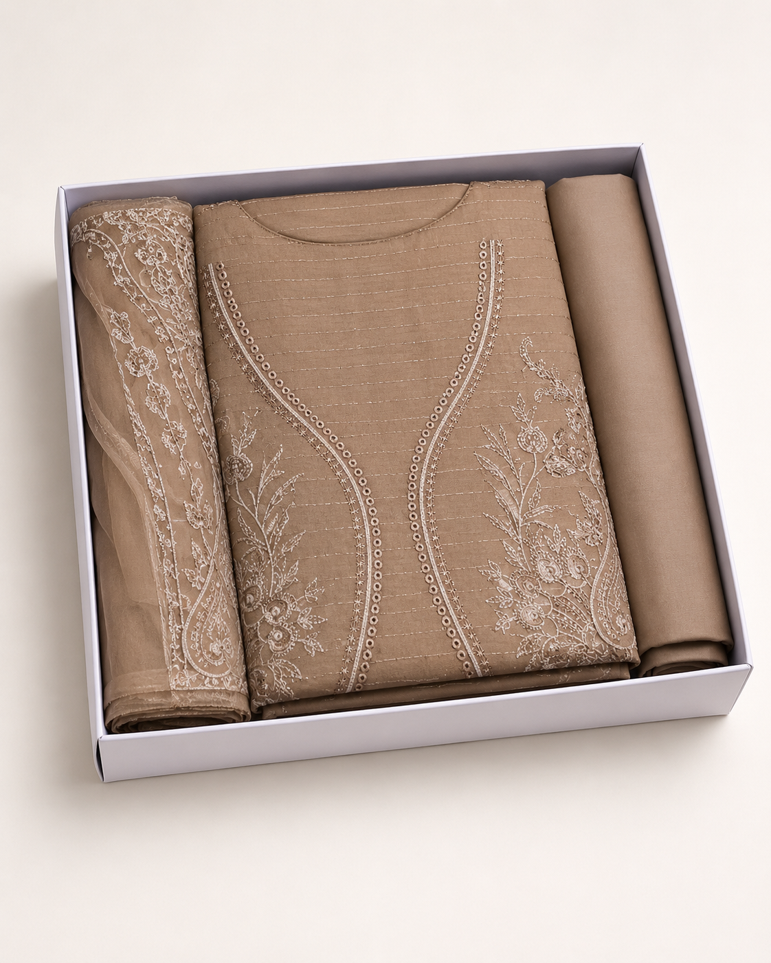 Ladies Premium Taupe Beige Embroidered 3-Piece Unstitched Suit