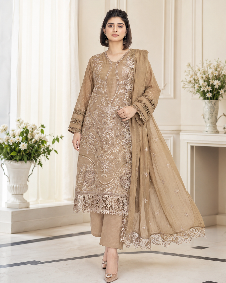 Ladies Premium Taupe Beige Embroidered 3-Piece Unstitched Suit