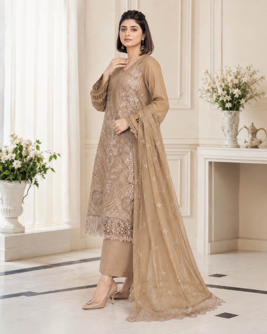 Ladies Premium Taupe Beige Embroidered 3-Piece Unstitched Suit