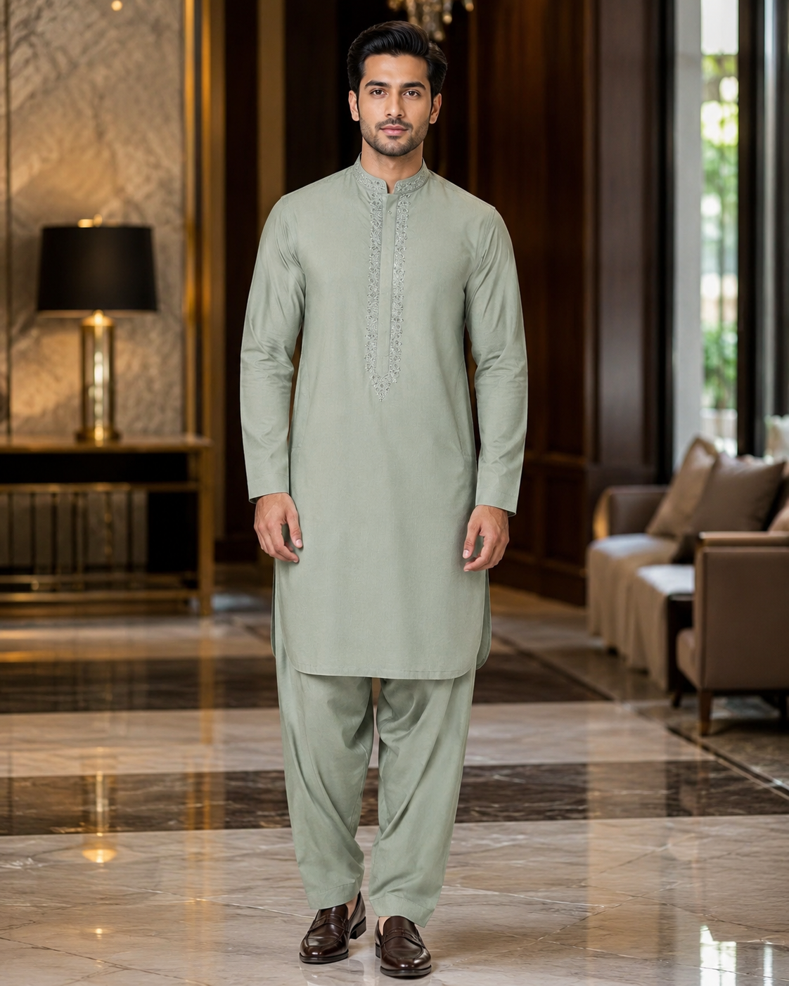 Soft Sage Green Gents Gala Embroidered Unstitched Suit