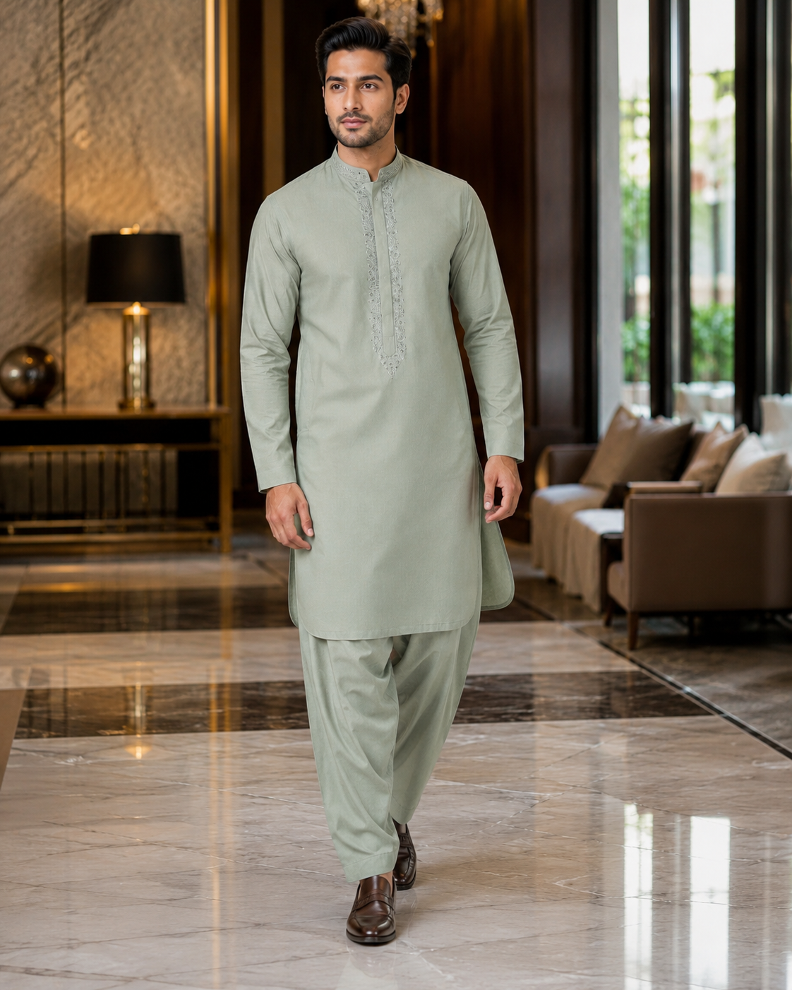 Soft Sage Green Gents Gala Embroidered Unstitched Suit