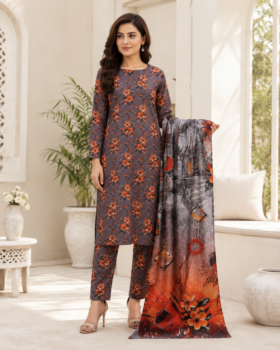 Charcoal Grey & Rust Orange Floral Digital Printed Lawn – Women’s 3-Piece Unstitched Suit
