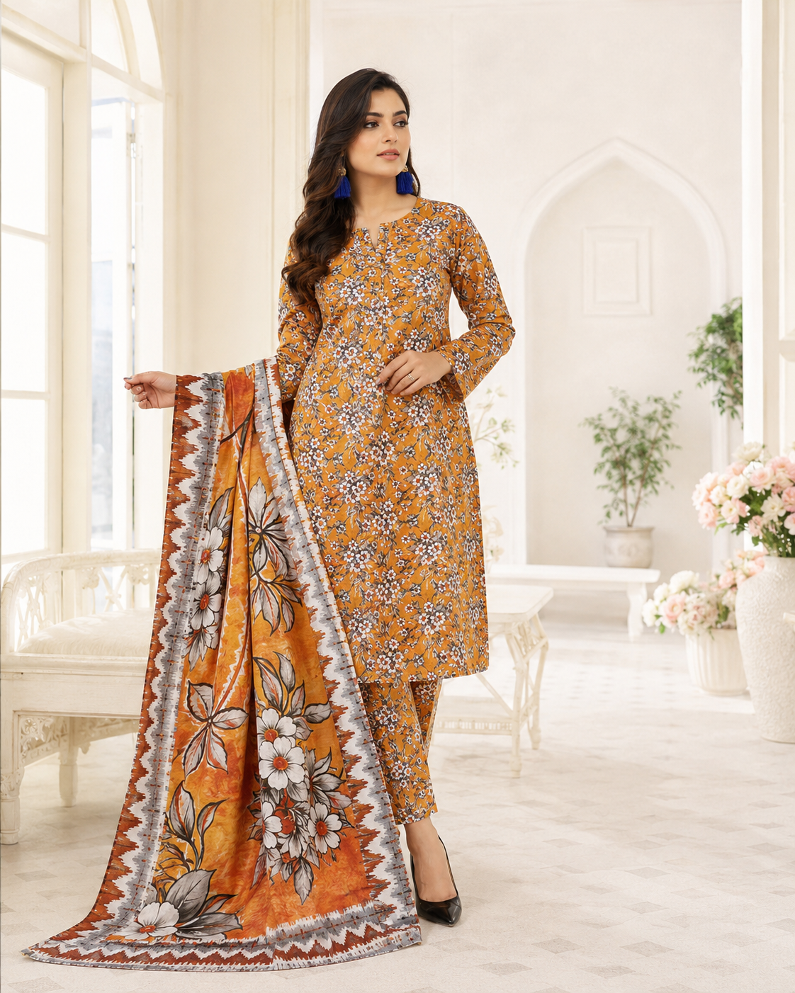Orange & White Floral Digital Printed Lawn – Women’s 3-Piece Unstitched Suit