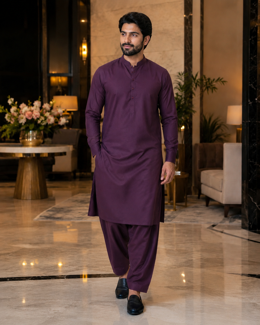 Royal Purple Plain Cotton – Men’s Unstitched Suit