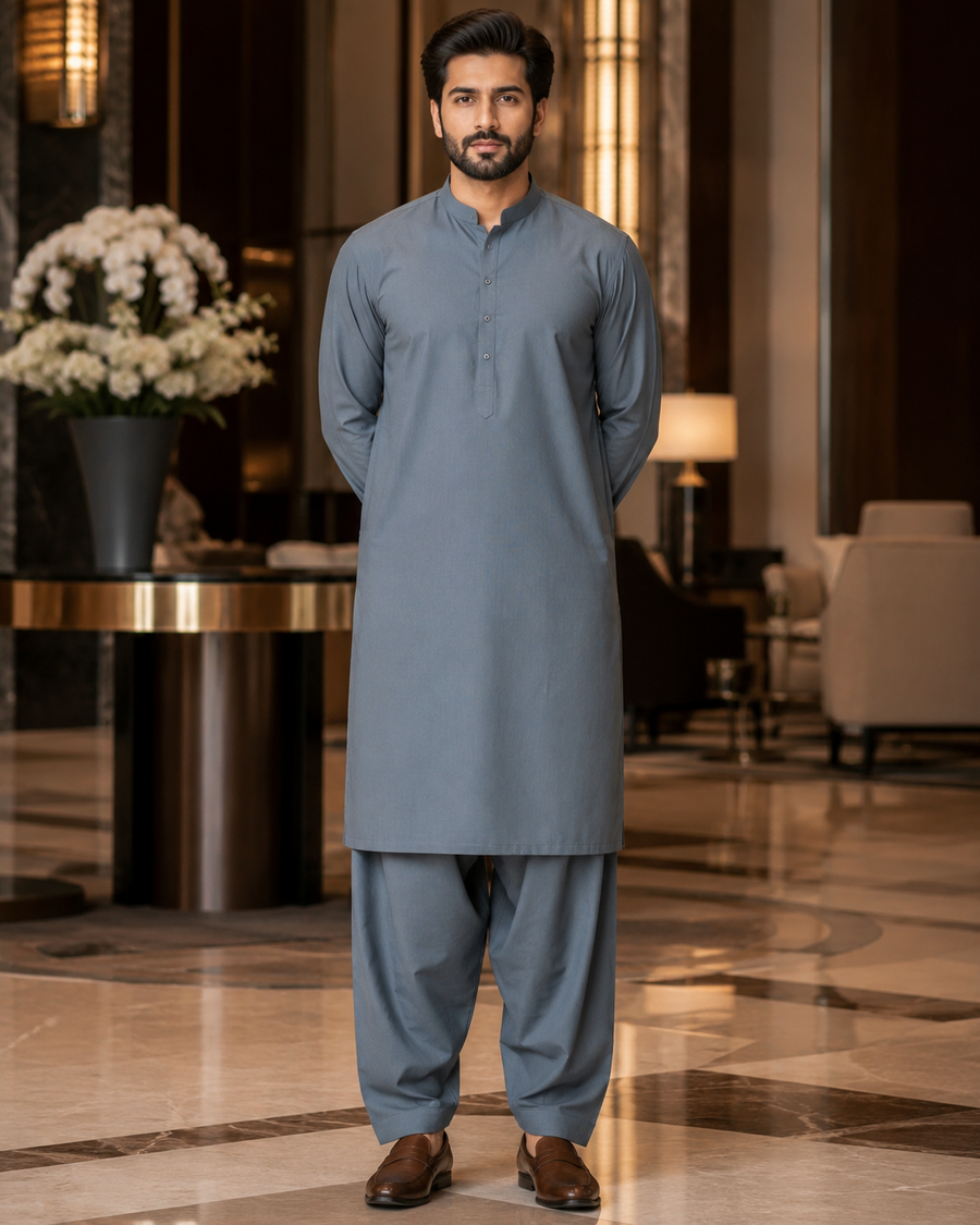 Premium Malaysia Grey Plain Cotton – Men’s Unstitched Suit