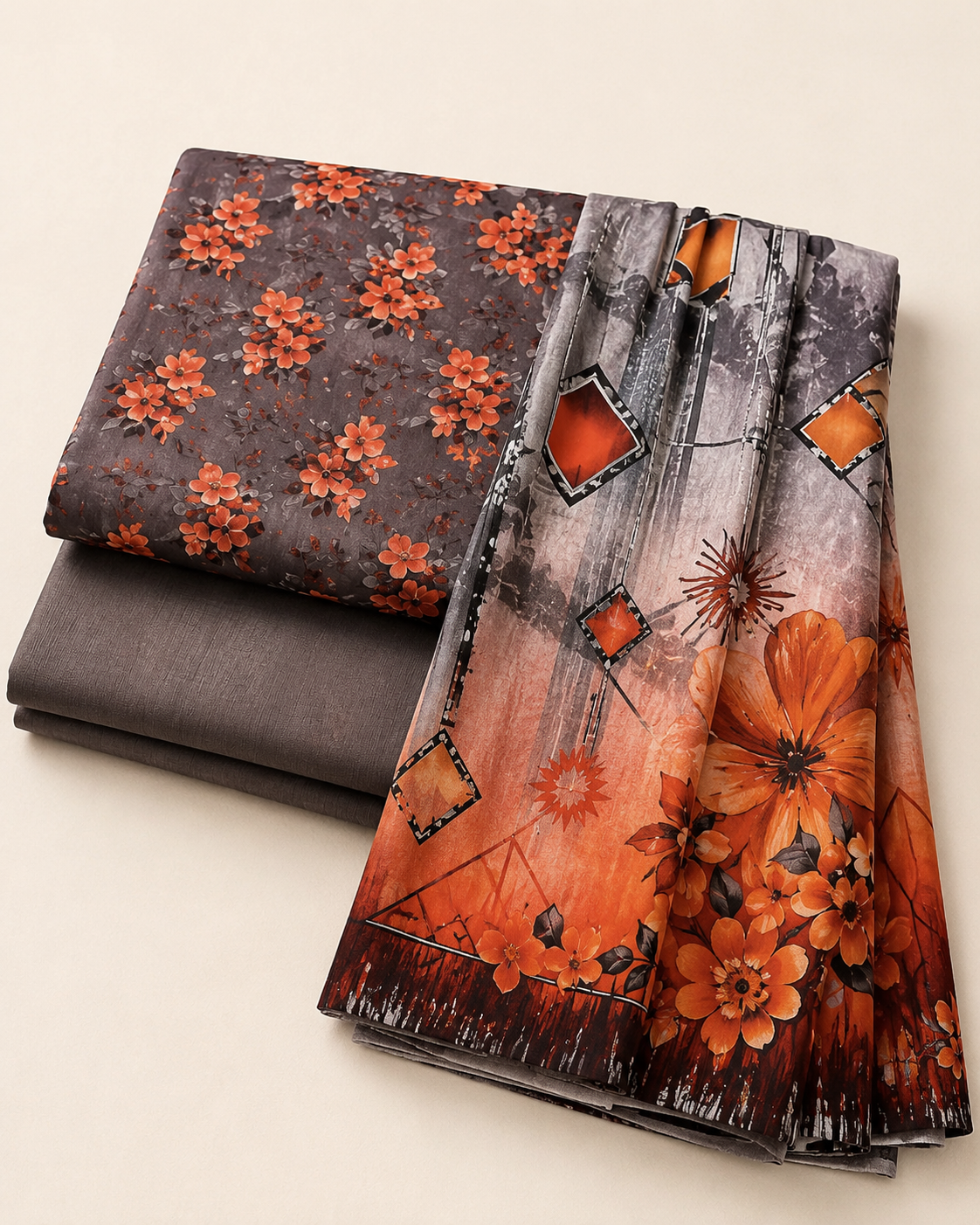 Charcoal Grey & Rust Orange Floral Digital Printed Lawn – Women’s 3-Piece Unstitched Suit