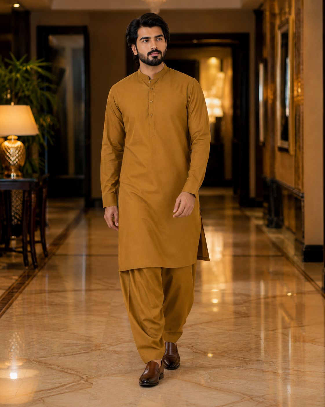 Mustard Lining Texture Cotton – Men’s 2-Piece Unstitched Suit