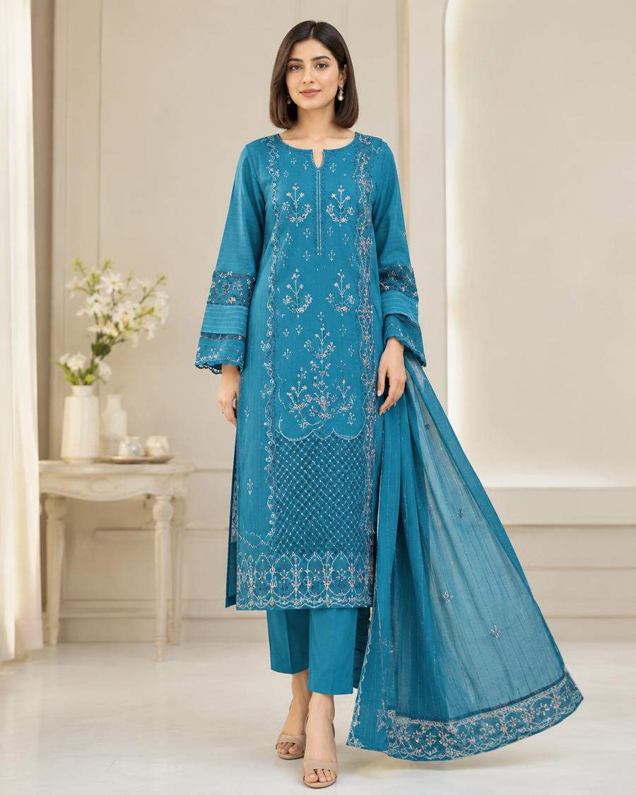Ladies Premium Light Teal Blue Embroidered 3-Piece Unstitched Suit