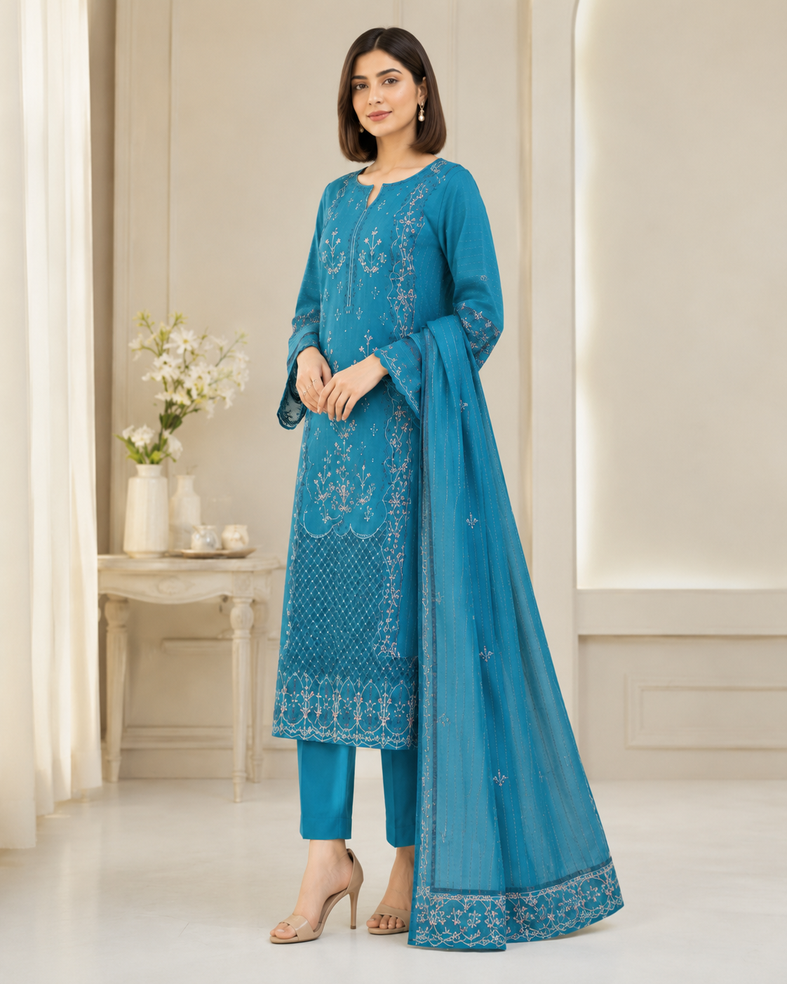 Ladies Premium Light Teal Blue Embroidered 3-Piece Unstitched Suit