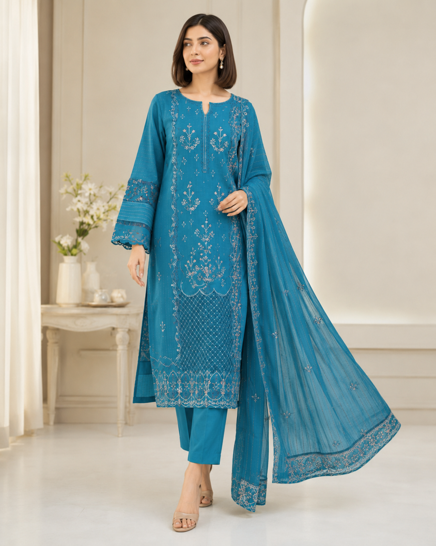 Ladies Premium Light Teal Blue Embroidered 3-Piece Unstitched Suit